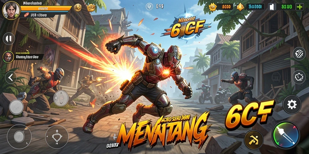 Screenshot utama 6CF menampilkan aksi seru dalam pertarungan melawan musuh.