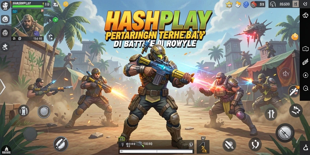 Screenshot utama HASHPLAY menampilkan aksi pertempuran intens dalam Battle Royale.