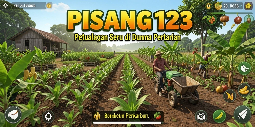 Tangkapan layar gameplay PISANG123 menampilkan kebun indah dan aktivitas pertanian.