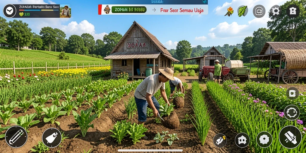 Tampilan gameplay ZOFAZA yang seru dan interaktif di lahan pertanian.